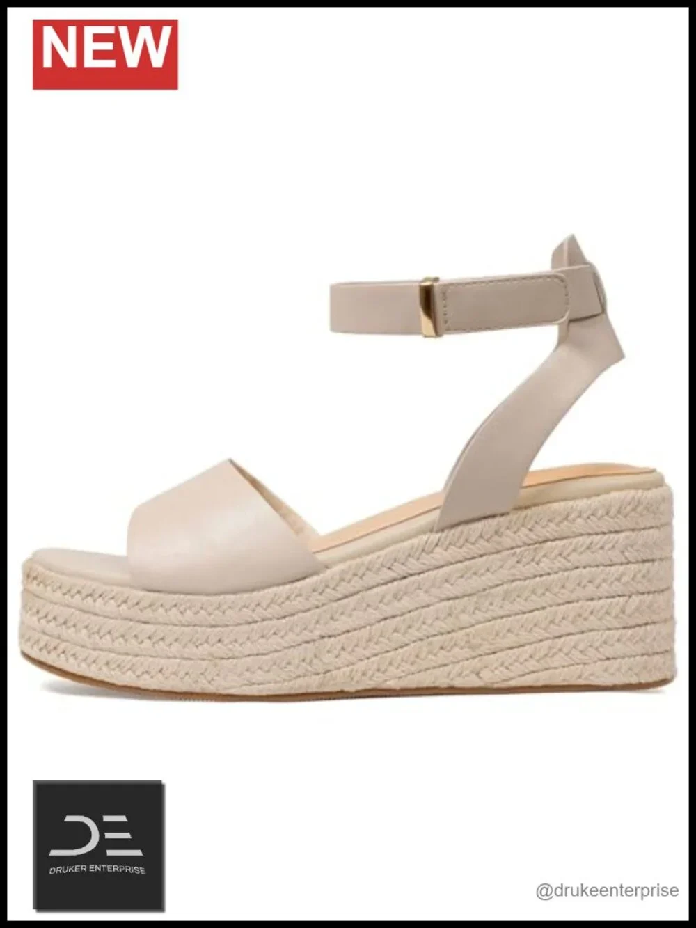 Espadrille Platform Wedge Sandals - Adjustable Slip-On - 3in Heel - Straw